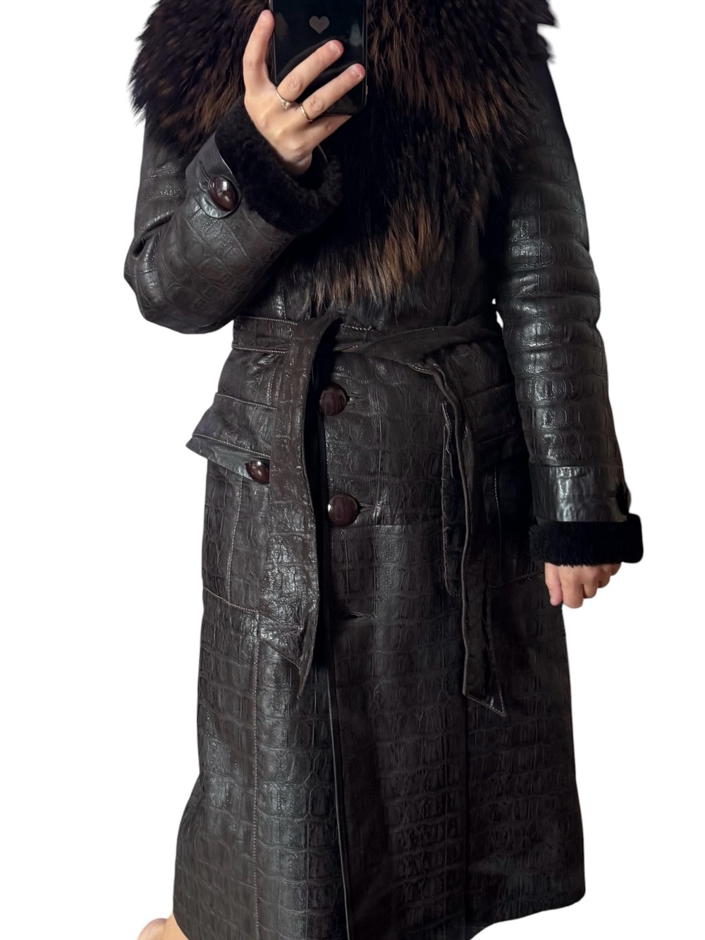 Viyanto Dark Brown Croc-Embossed Leather shearling Brown Fur coat - Picture 7 of 16